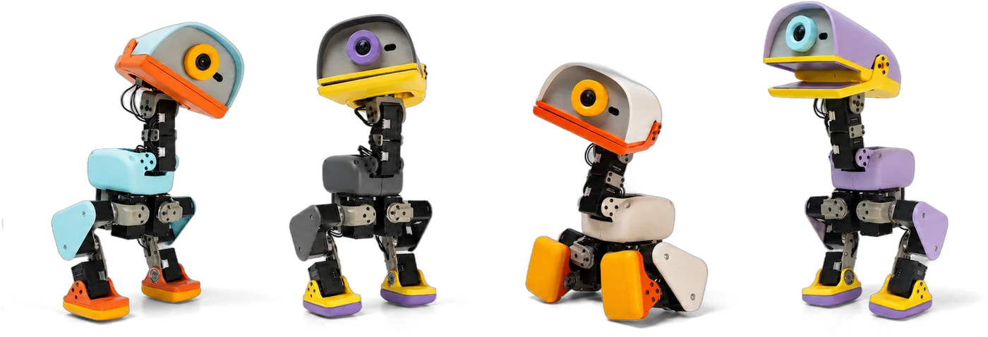 Four Microduck robots in different colorways