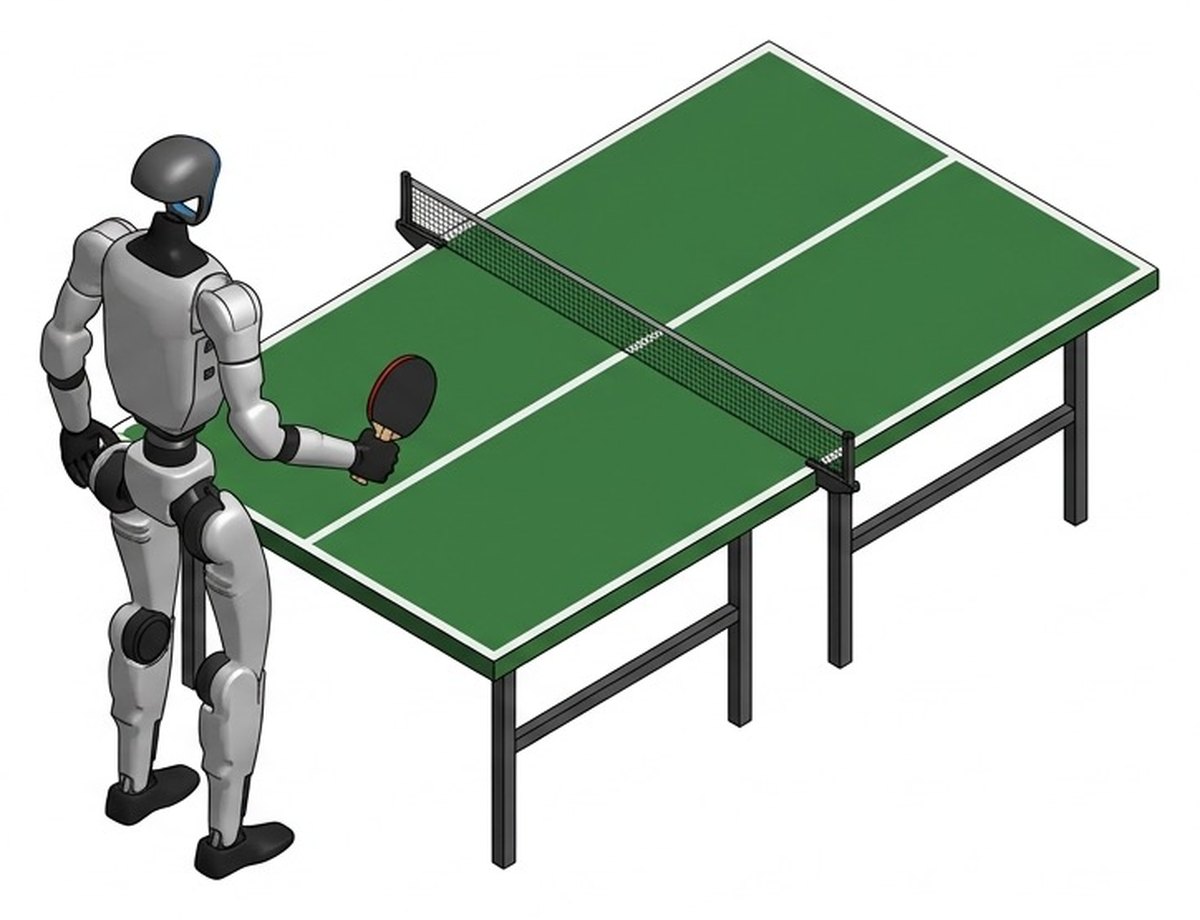 Humanoid robot holding a paddle at a table-tennis table